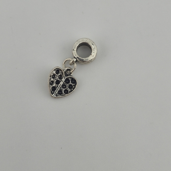 Silver Tone Dangle Heart European Charm Bead with Black Crystal Accents - Picture 3 of 4